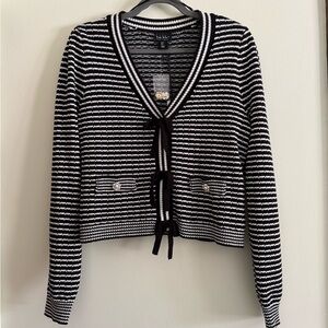 ✨NWT Nicole Miller Black & White Knit Cardigan Sweater Preppy Chic Bows, Pearls